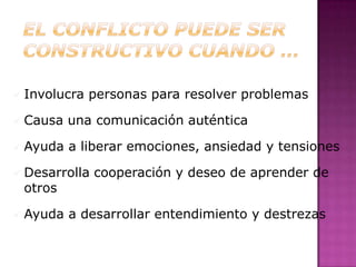    Involucra personas para resolver problemas

   Causa una comunicación auténtica

   Ayuda a liberar emociones, ansiedad y tensiones

   Desarrolla cooperación y deseo de aprender de
    otros

   Ayuda a desarrollar entendimiento y destrezas
 