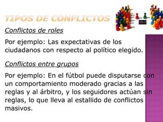 Conflictos de roles
Por ejemplo: Las expectativas de los
ciudadanos con respecto al político elegido.

Conflictos entre grupos
Por ejemplo: En el fútbol puede disputarse con
un comportamiento moderado gracias a las
reglas y al árbitro, y los seguidores actúan sin
reglas, lo que lleva al estallido de conflictos
masivos.
 