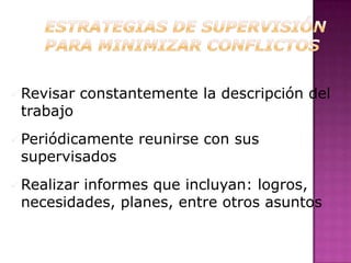  Revisar    constantemente la descripción del
 trabajo
 Periódicamente    reunirse con sus
 supervisados
 Realizar
         informes que incluyan: logros,
 necesidades, planes, entre otros asuntos
 