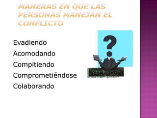  Evadiendo

 Acomodando

 Compitiendo

 Comprometiéndose

 Colaborando
 