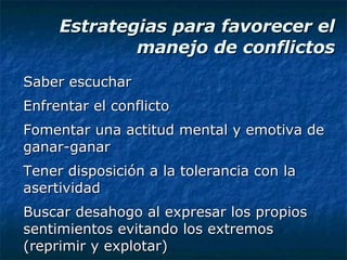 Estrategias para favorecer el manejo de conflictos Saber escuchar Enfrentar el conflicto Fomentar una actitud mental y emotiva de ganar-ganar Tener disposición a la tolerancia con la asertividad Buscar desahogo al expresar los propios sentimientos evitando los extremos (reprimir y explotar) 