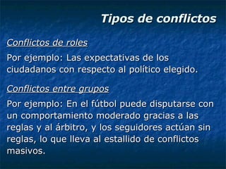 Tipos de conflictos Conflictos de roles Por ejemplo: Las expectativas de los ciudadanos con respecto al político elegido. Conflictos entre grupos Por ejemplo: En el fútbol puede disputarse con un comportamiento moderado gracias a las reglas y al árbitro, y los seguidores actúan sin reglas, lo que lleva al estallido de conflictos masivos. 