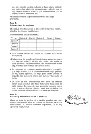 ser, por ejemplo: costos, solución a largo plazo, solución
que mejore las relaciones interpersonales, solución que no
perjudique a terceros, solución que sea compatible con las
reglas y normas existentes, etc.
• En caso necesario se precisan los criterios para luego
priorizarlos.
Paso 7:
Valoración de las opciones

El objetivo de este paso es la selección de la mejor opción,
al aplicar los criterios establecidos.
Recomendamos utilizar una matriz.
Criterio 1 Criterio 2 Criterio 3

Suma

Rango

Opción A
Opción B
Opción C
Opción D

• En la primera columna se colocan las opciones encontradas
en el paso 5.
• En la primera fila se colocan los criterios de valoración, como
por ejemplo: solución rápida, sin costos, sin involucrar
otras personas, solución racional con posibilidad de hacer
seguimiento y con ventajas para ambos lados.
• Se comparan las opciones según cada criterio. La opción
que mejor cumpla con el criterio obtiene el mayor puntaje.
Si hay cuatro opciones, la mejor gana cuatro puntos; la
segunda, tres puntos; la tercera dos puntos, y la cuarta, un
punto.
• En caso de que consideremos que todos los criterios
tienen igual prioridad, sólo hace falta sumar los puntos de
cada opción. En caso de que queramos conceder mayor
peso a uno o algunos criterios, habrá que multiplicar los
puntos de la columna respectiva con un factor acordado.
Paso 8:
Acuerdo y documentación de la solución

Ahora se trata de verificar si la opción ganadora del paso
anterior en realidad toma en cuenta los intereses de todos
involucrados, si todavía subsisten inquietudes, y si hay
verdadera oportunidad

.

 