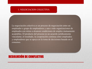 RESOLUCIÓN DE CONFLICTOS
1. NEGOCIACION COLECTIVA
La negociación colectiva es un proceso de negociación entre un
empleador o grupo de empleadores y una o más organizaciones de
empleados con miras a alcanzar condiciones de empleo mutuamente
aceptables. El producto del proceso es un acuerdo jurídicamente
vinculante; el resultado, la cooperación continua entre empleados
y empleadores que se apoya en la toma de decisiones basada en el
consenso.
 