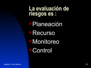 La evaluación de riesgos es : Planeación Recurso Monitoreo Control 