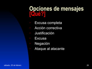 Opciones de mensajes  [Qué?] Excusa completa Acción correctiva Justificación Excusa Negación Ataque al atacante   