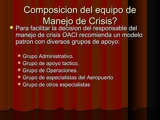 Composicion del equipo deComposicion del equipo de
Manejo de Crisis?Manejo de Crisis?
 Para facilitar la decision del responsable delPara facilitar la decision del responsable del
manejo de crisis OACI recomienda un modelomanejo de crisis OACI recomienda un modelo
patron con diversos grupos de apoyo:patron con diversos grupos de apoyo:
 Grupo Administrativo.Grupo Administrativo.
 Grupo de apoyo tactico.Grupo de apoyo tactico.
 Grupo de Operaciones.Grupo de Operaciones.
 Grupo de especialistas del AeropuertoGrupo de especialistas del Aeropuerto
 Grupo de otros especialistasGrupo de otros especialistas
 