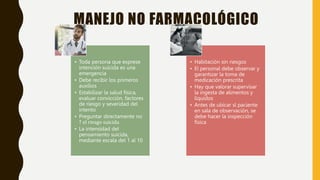 MANEJO NO FARMACOLÓGICO
• Toda persona que exprese
intención suicida es una
emergencia
• Debe recibir los primeros
auxilios
• Estabilizar la salud física,
evaluar convicción, factores
de riesgo y severidad del
intento
• Preguntar directamente no
↑ el riesgo suicida
• La intensidad del
pensamiento suicida,
mediante escala del 1 al 10
• Habitación sin riesgos
• El personal debe observar y
garantizar la toma de
medicación prescrita
• Hay que valorar supervisar
la ingesta de alimentos y
líquidos
• Antes de ubicar sl paciente
en sala de observación, se
debe hacer la inspección
física
 