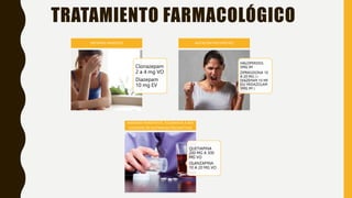 TRATAMIENTO FARMACOLÓGICO
Clonazepam
2 a 4 mg VO
Diazepam
10 mg EV
SINTOMAS ANSIOSOS
HALOPERIDOL
5MG IM
ZIPRASIDONA 10
A 20 MG (+
DIAZEPAM 10 MF
EV/ MIDAZOLAM
5MG IM )
AGITACIÓN PSICOMOTRIZ
QUETIAPINA
200 MG A 300
MG VO
OLANZAPINA
10 A 20 MG VO
ANSIEDAD PERSISTENTE, TOLERANCIA A BZD
CONSUMO DE SUSTANCIAS PSICOACTIVAS
 