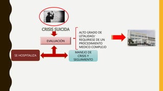 EVALUACIÓN
SE HOSPITALIZA
MANEJO DE
CRISIS Y
SEGUIMIENTO
ALTO GRADO DE
LETALIDAD/
REQUIRIESE DE UN
PROCEDIMIENTO
MEDICO COMPLEJO
 