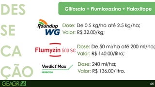 DES
SE
CA
ÇÃO
Glifosato + Flumioxazina + Haloxifope
Dose: De 0.5 kg/ha até 2.5 kg/ha;
Valor: R$ 32.00/kg;
Dose: De 50 ml/ha até 200 ml/ha;
Valor: R$ 140.00/litro;
Dose: 240 ml/ha;
Valor: R$ 136.00/litro.
64
 