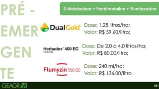 PRÉ -
EMER
GEN
TE
Dose: 1.25 litros/ha;
Valor: R$ 59.60/litro;
Dose: De 2.0 a 4.0 litros/ha;
Valor: R$ 80.00/litro;
Dose: 240 ml/ha;
Valor: R$ 136.00/litro.
65
S-Metolacloro + Pendimetalina + Flumioxazina
 