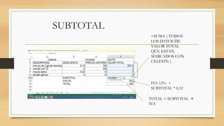 SUBTOTAL
=SUMA ( TODOS
LOS DATOS DE
VALOR TOTAL
QUE ESTAN
MARCADOS CON
CELESTE )
IVA 12% =
SUBTOTAL * 0,12
TOTAL = SUBTOTAL +
IVA