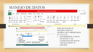 MANEJO DE DATOS
PARA REALIZAR UN
LISTADO COMO EL
EJEMPLO QUE OBSERVAMOS
C1, C2, C3, C4 .
1. NOS DIRIJIMOS A EXCEL
EN DATOS Y EN
VALIDACION DE DATOS
Y REALIZAMOS UN
LISTADO.