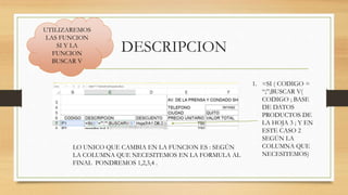 DESCRIPCION
1. =SI ( CODIGO =
“;”;BUSCAR V(
CODIGO ; BASE
DE DATOS
PRODUCTOS DE
LA HOJA 3 ; Y EN
ESTE CASO 2
SEGÚN LA
COLUMNA QUE
NECESITEMOS)
LO UNICO QUE CAMBIA EN LA FUNCION ES : SEGÚN
LA COLUMNA QUE NECESITEMOS EN LA FORMULA AL
FINAL PONDREMOS 1,2,3,4 .
UTILIZAREMOS
LAS FUNCION
SI Y LA
FUNCION
BUSCAR V