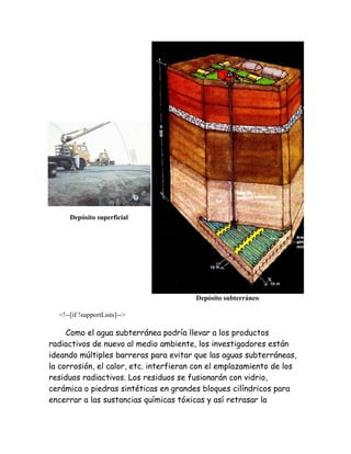 Depósito superficial
Depósito subterráneo
<!--[if !supportLists]-->
Como el agua subterránea podría llevar a los productos
radiactivos de nuevo al medio ambiente, los investigadores están
ideando múltiples barreras para evitar que las aguas subterráneas,
la corrosión, el calor, etc. interfieran con el emplazamiento de los
residuos radiactivos. Los residuos se fusionarán con vidrio,
cerámica o piedras sintéticas en grandes bloques cilíndricos para
encerrar a las sustancias químicas tóxicas y así retrasar la
 