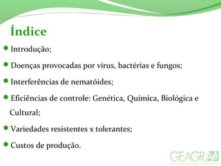 Índice
Introdução;
Doenças provocadas por vírus, bactérias e fungos;
Interferências de nematóides;
Eficiências de controle: Genética, Química, Biológica e
Cultural;
Variedades resistentes x tolerantes;
Custos de produção.
 