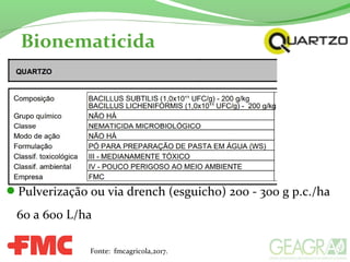 Fonte: fmcagricola,2017.
Pulverização ou via drench (esguicho) 200 - 300 g p.c./ha
60 a 600 L/ha
Bionematicida
 
