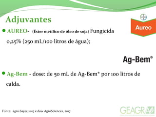 Adjuvantes
Fonte: agro.bayer,2017 e dow AgroSciences, 2017.
Ag-Bem - dose: de 50 mL de Ag-Bem* por 100 litros de
calda.
AUREO- (Éster metílico de óleo de soja) Fungicida
0,25% (250 mL/100 litros de água);
 
