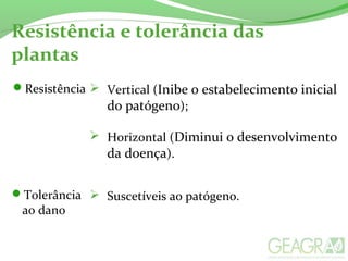Resistência e tolerância das
plantas
Resistência  Vertical (Inibe o estabelecimento inicial
do patógeno);
 Horizontal (Diminui o desenvolvimento
da doença).
 Suscetíveis ao patógeno.Tolerância
ao dano
 