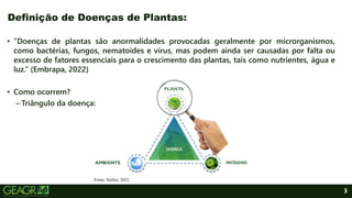 3
• “Doenças de plantas são anormalidades provocadas geralmente por microrganismos,
como bactérias, fungos, nematoides e vírus, mas podem ainda ser causadas por falta ou
excesso de fatores essenciais para o crescimento das plantas, tais como nutrientes, água e
luz.” (Embrapa, 2022)
• Como ocorrem?
–Triângulo da doença:
Definição de Doenças de Plantas:
Fonte: Stoller, 2022.
 