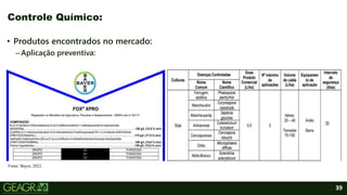 39
• Produtos encontrados no mercado:
–Aplicação preventiva:
Controle Químico:
Fonte: Bayer, 2022.
 