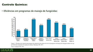 43
• Eficiências em programas de manejo de fungicidas:
Controle Químico:
Fonte: Fundação MS, 2016.
Figura 1- Eficiência de controle (porcentagem de redução da área abaixo da curva de progresso da doença) de ferrugem asiática da soja
por diferentes programas de manejo de doença. Maracaju, MS, 2015.
 