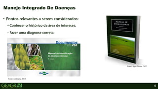 6
• Pontos relevantes a serem considerados:
–Conhecer o histórico da área de interesse;
–Fazer uma diagnose correta.
Manejo Integrado De Doenças
Fonte: Embrapa, 2014.
Fonte: Agro Livros, 2022.
 