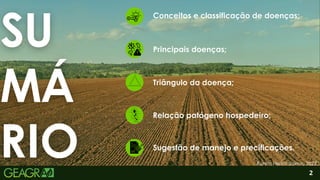 2
Conceitos e classificação de doenças;
Principais doenças;
Sugestão de manejo e precificações.
Triângulo da doença;
Relação patógeno hospedeiro;
Fonte: Heitor Jaime, 2022.
2
SU
MÁ
RIO
 