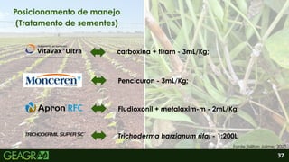 2
37
Posicionamento de manejo
(Tratamento de sementes)
carboxina + tiram - 3mL/Kg;
Pencicuron - 3mL/Kg;
Fludioxonil + metalaxim-m - 2mL/Kg;
Trichoderma harzianum rifai - 1:200L.
Fonte: Nilton Jaime, 2025.
 