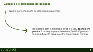 2
4
Conceito e classificação de doenças
Qual o conceito exato de doenças em plantas?
De acordo com a embrapa arroz e feijão, doença em
plantas é tudo que promove alteração fisiológica em
tempo suficiente para se obter diferença na mesma.
 