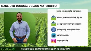 Entre em contato conosco:
UNINDO CONHECIMENTO EM PROL DA AGRICULTURA!
geagraufg.wordpress.com
geagracontato@gmail.com
GEAGRA UFG
@geagraufg
heitor.jaime@discente.ufg.br
MANEJO DE DOENÇAS DE SOLO NO FEIJOEIRO
 
