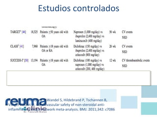 Estudios controlados
Trelle S, Reichenbach S, Wandel S, Hildebrand P, Tschannen B,
Villiger PM, et al. Cardiovascular safety of non-steroidal anti-
inflammatory drugs: network meta-analysis. BMJ. 2011;342: c7086
 