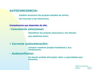 Saltar a la primera
página
AUTOCONCIENCIA:
Implica reconocer los propios estados de ánimo,
los recursos y las intuiciones.
Competencias que dependen de ella:
• Conciencia emocional:
Identificar las propias emociones y los efectos
que podamos tener.
• Correcta autovaloración:
Conocer nuestras propias fortalezas y sus
limitaciones.
• Autoconfianza:
Un fuerte sentido del propio valor y capacidades que
tenemos.
 