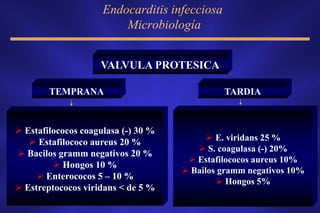 Endocarditis infecciosa
                         Microbiología


                    VALVULA PROTESICA

        TEMPRANA                               TARDIA



 Estafilococos coagulasa (-) 30 %
    Estafilococo aureus 20 %               E. viridans 25 %
                                         S. coagulasa (-) 20%
 Bacilos gramm negativos 20 %
                                       Estafilococos aureus 10%
          Hongos 10 %
                                      Bailos gramm negativos 10%
      Enterococos 5 – 10 %
                                              Hongos 5%
 Estreptococos viridans < de 5 %
 