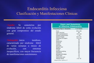 Endocarditis Infecciosa
          Clasificación y Manifestaciones Clinicas

•Aguda:    Se    caracteriza   por
síndrome febril de corta evolución
con gran compromiso del estado
general.

•Subaguda: inicio         insidioso,
caracterizado por síndrome febril
de varias semanas a meses de
evolución,       con       síntomas
inespecíficos, con mayor frecuencia
de manifestaciones autoinmunes.
 