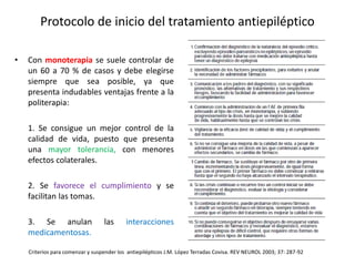 Protocolo de inicio del tratamiento antiepiléptico
• Con monoterapia se suele controlar de
un 60 a 70 % de casos y debe elegirse
siempre que sea posible, ya que
presenta indudables ventajas frente a la
politerapia:
1. Se consigue un mejor control de la
calidad de vida, puesto que presenta
una mayor tolerancia, con menores
efectos colaterales.
2. Se favorece el cumplimiento y se
facilitan las tomas.
3. Se anulan las interacciones
medicamentosas.
Criterios para comenzar y suspender los antiepilépticos J.M. López Terradas Covisa. REV NEUROL 2003; 37: 287-92
 