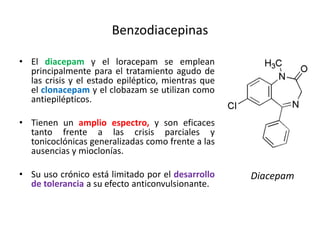 Benzodiacepinas
• El diacepam y el loracepam se emplean
principalmente para el tratamiento agudo de
las crisis y el estado epiléptico, mientras que
el clonacepam y el clobazam se utilizan como
antiepilépticos.
• Tienen un amplio espectro, y son eficaces
tanto frente a las crisis parciales y
tonicoclónicas generalizadas como frente a las
ausencias y mioclonías.
• Su uso crónico está limitado por el desarrollo
de tolerancia a su efecto anticonvulsionante.
Diacepam
 