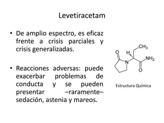 Levetiracetam
• De amplio espectro, es eficaz
frente a crisis parciales y
crisis generalizadas.
• Reacciones adversas: puede
exacerbar problemas de
conducta y se pueden
presentar –raramente–
sedación, astenia y mareos.
Estructura Química
 