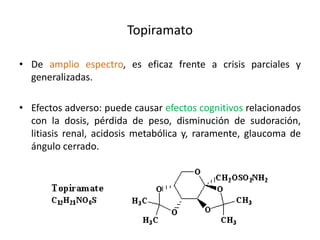 Topiramato
• De amplio espectro, es eficaz frente a crisis parciales y
generalizadas.
• Efectos adverso: puede causar efectos cognitivos relacionados
con la dosis, pérdida de peso, disminución de sudoración,
litiasis renal, acidosis metabólica y, raramente, glaucoma de
ángulo cerrado.
 