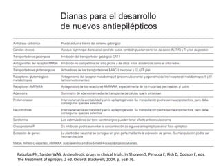 Dianas para el desarrollo
de nuevos antiepilépticos
Patsalos PN, Sander WAS. Antiepileptic drugs in clinical trials. In Shorvon S, Perucca E, Fish D, Dodson E, eds.
The treatment of epilepsy. 2 ed. Oxford: Blackwell; 2004. p. 568-76.
 