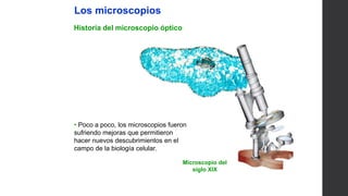 UNIDAD
1
• Poco a poco, los microscopios fueron
sufriendo mejoras que permitieron
hacer nuevos descubrimientos en el
campo de la biología celular.
Microscopio del
siglo XIX
Los microscopios
Historia del microscopio óptico
 
