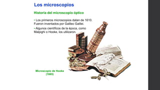 Microscopio de Hooke
(1665)
UNIDAD
1
• Los primeros microscopios datan de 1610.
Fueron inventados por Galileo Galilei.
• Algunos científicos de la época, como
Malpighi o Hooke, los utilizaron.
Los microscopios
Historia del microscopio óptico
 