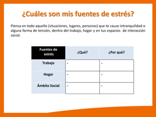 ¿Cuáles son mis fuentes de estrés?
Piensa en todo aquello (situaciones, lugares, personas) que te cause intranquilidad o
alguna forma de tensión, dentro del trabajo, hogar y en tus espacios de interacción
social.
Fuentes de
estrés ¿Qué? ¿Por qué?
Trabajo - -
Hogar - -
Ámbito Social - -
 