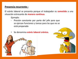 Presencia recurrente :
El estrés laboral se presenta porque el trabajador es sometido a una
situación estresante de manera continua.
Ejemplo:
- Presión constante por parte del jefe para que
se ejerzan funciones y tareas para las que no se
está preparado
• Se denomina estrés laboral crónico.
 