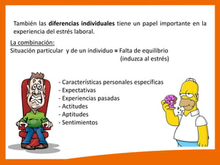 También las diferencias individuales tiene un papel importante en la
experiencia del estrés laboral.
La combinación:
Situación particular y de un individuo = Falta de equilibrio
(induzca al estrés)
- Características personales específicas
- Expectativas
- Experiencias pasadas
- Actitudes
- Aptitudes
- Sentimientos
 