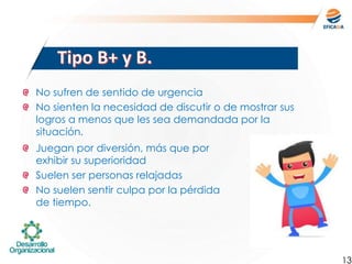 13
No sufren de sentido de urgencia
No sienten la necesidad de discutir o de mostrar sus
logros a menos que les sea demandada por la
situación.
Juegan por diversión, más que por
exhibir su superioridad
Suelen ser personas relajadas
No suelen sentir culpa por la pérdida
de tiempo.
 