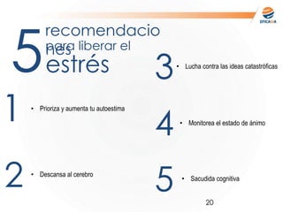 20
estrés
recomendacio
nespara liberar el
5
• Prioriza y aumenta tu autoestima
1
• Descansa al cerebro
2
3• Lucha contra las ideas catastróficas
4 • Monitorea el estado de ánimo
5 • Sacudida cognitiva
 