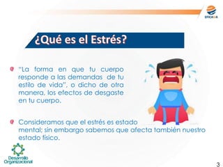 3
“La forma en que tu cuerpo
responde a las demandas de tu
estilo de vida”, o dicho de otra
manera, los efectos de desgaste
en tu cuerpo.
Consideramos que el estrés es estado
mental; sin embargo sabemos que afecta también nuestro
estado físico.
 