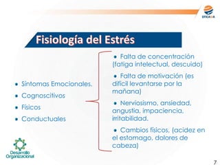 7
Síntomas Emocionales.
Cognoscitivos
Físicos
Conductuales
Falta de concentración
(fatiga intelectual, descuido)
Falta de motivación (es
difícil levantarse por la
mañana)
Nerviosismo, ansiedad,
angustia, impaciencia,
irritabilidad.
Cambios físicos, (acidez en
el estomago, dolores de
cabeza)
 